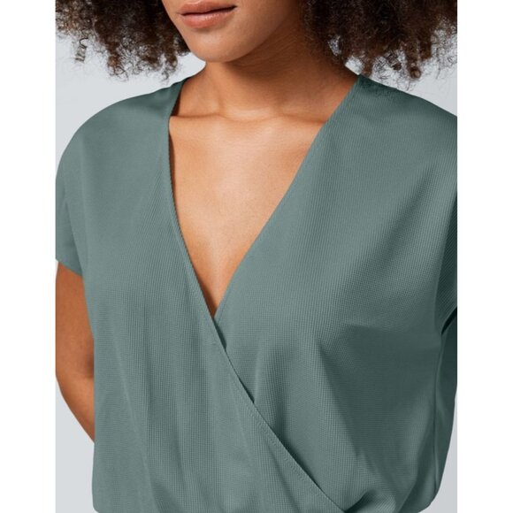 Halara V Neck Short Sleeve Side Pocket Wide Leg Waffle Casual Jumpsuit Sz Large - Picture 10 of 13